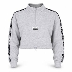 Adidas Womens Sweatshirt XS Cotton Grey Cropped Quarter Zip Logo Tape Streetwear